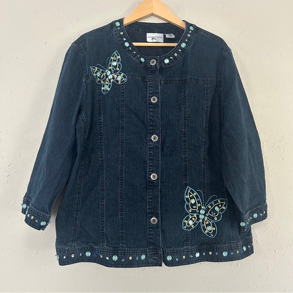 Alfred Dunner Dark Blue Jean Jacket Butterfly Embroidery Beaded Denim Casual - Picture 1 of 7